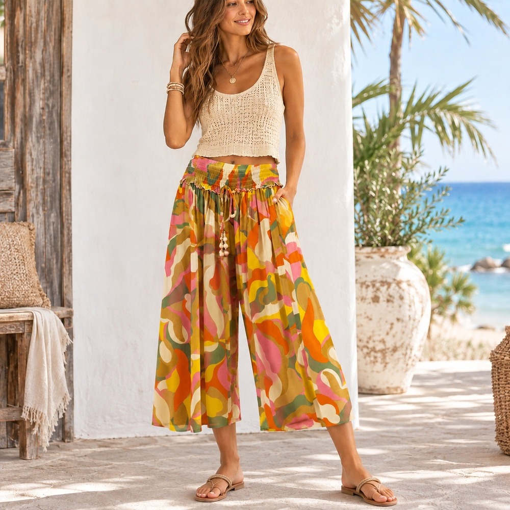 True Destinations Wide Leg Pants M Multicolor Retro Abstract Boho Palazzo Coast